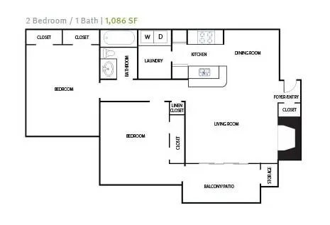 Floor plan for 2 beds, 1 bath, 1086 sqft